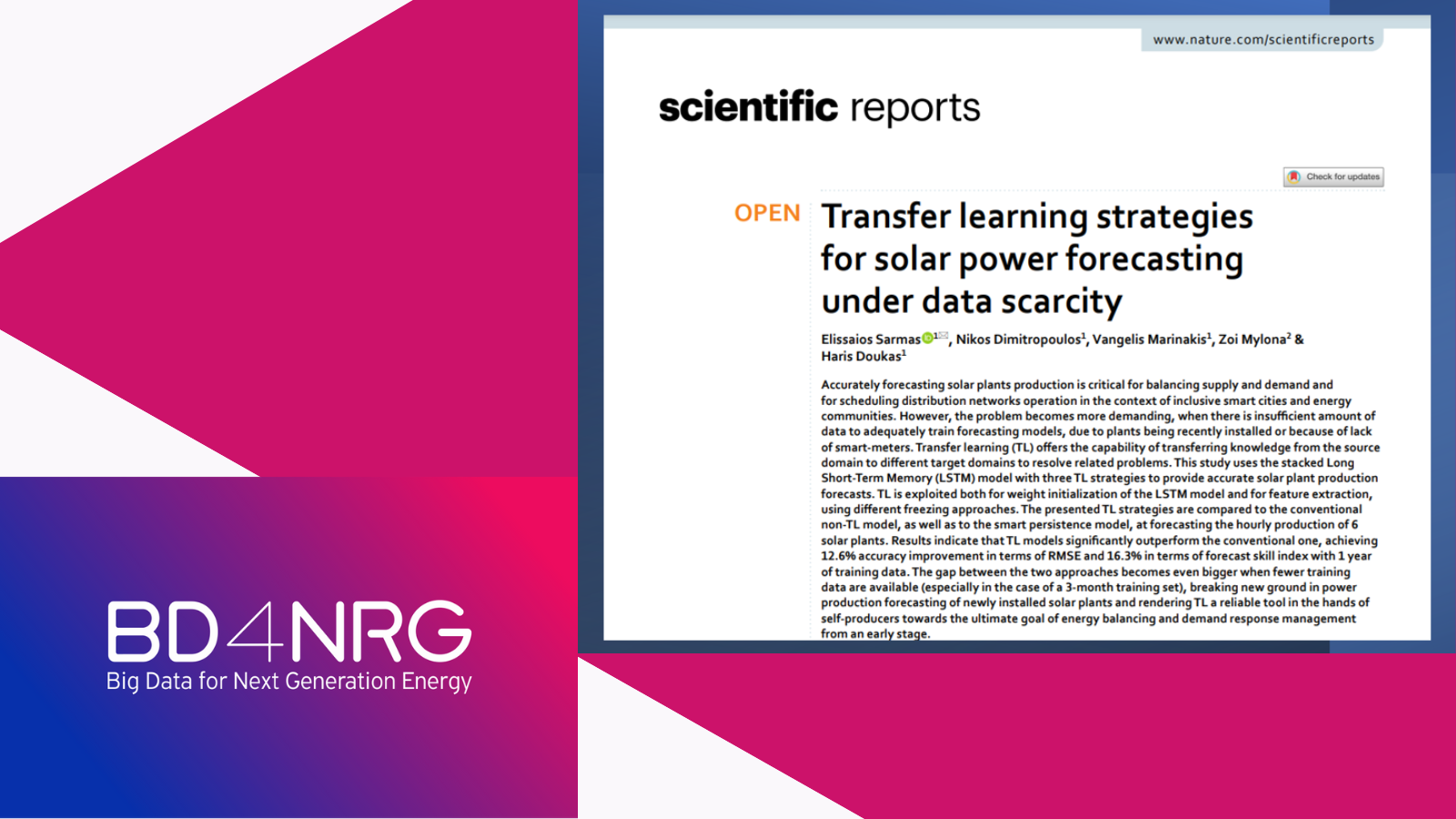 New BD4NRG Publication in Nature Scientific Reports "Transfer learning strategies for solar power forecasting under data scarcity"